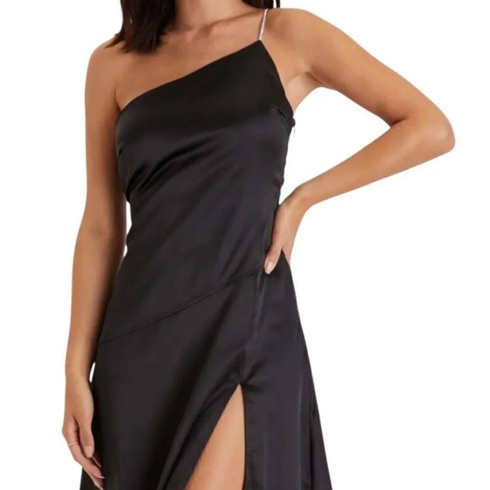 NWT Lulus Sleek Excellence Black Satin Rhinestone One Shoulder Dress S/Large